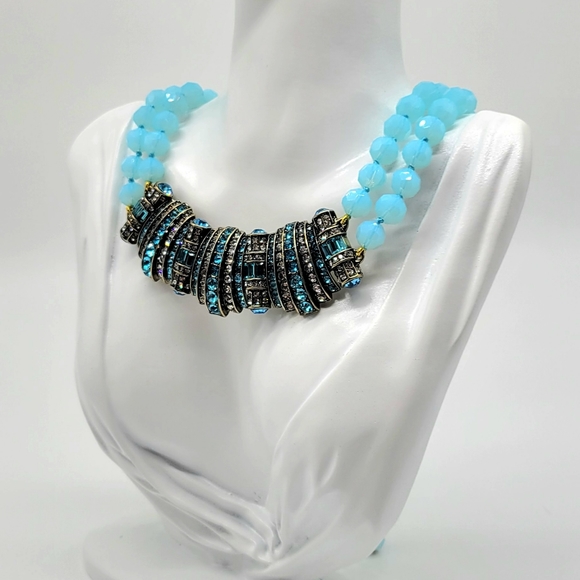 Heidi Daus Aquamarine Swarovski Crystal Horizontal Art Deco Pendant Necklace - Picture 9 of 14